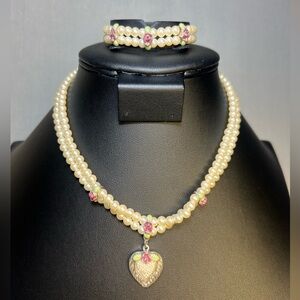 Vintage 1928 Double Strand Pearl and Rose Choker Necklace and Bracelet Set